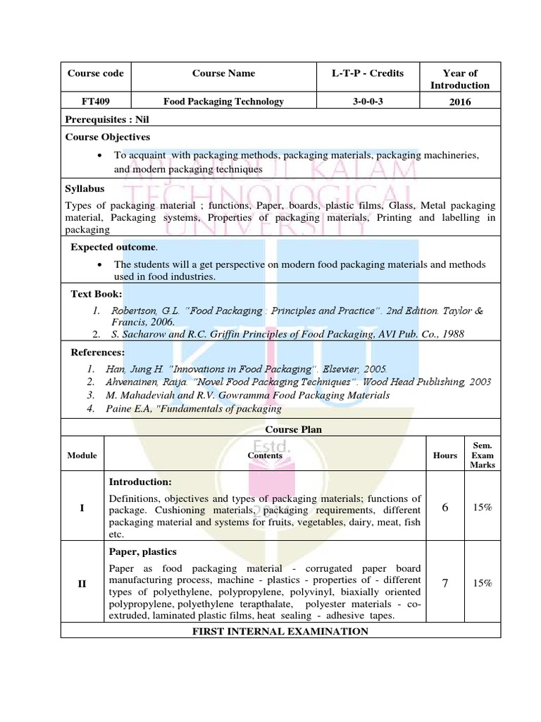 FT409 Food Packaging Technology PDF Packaging And Labeling Plastic