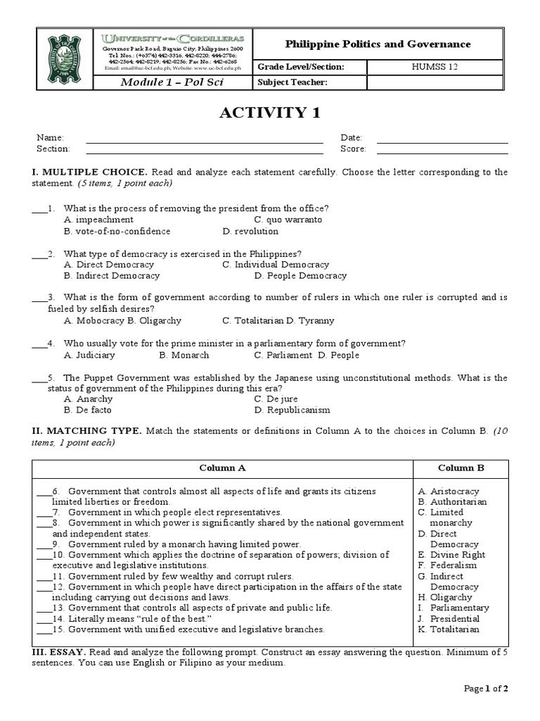 Philippine Politics and Governance Module 1 | PDF | Democracy ...