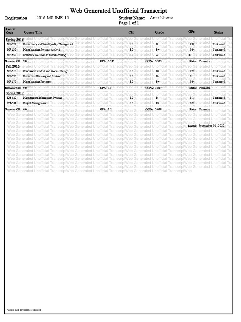 Unofficial Transcript for Amir Nawaz | PDF | Computing And Information ...