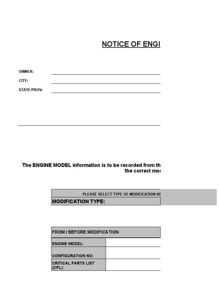 Engine Modification Notice Form | PDF | Horsepower | Engines