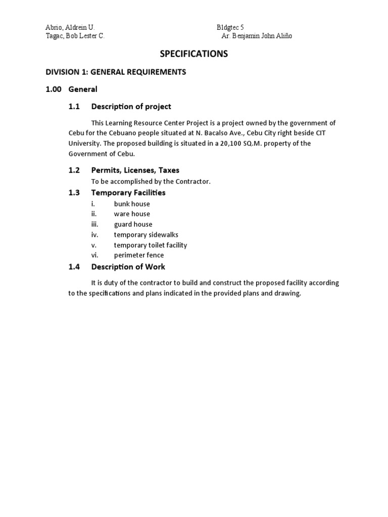 Specifications Division 1 General Requirements 1.00 General 1.1