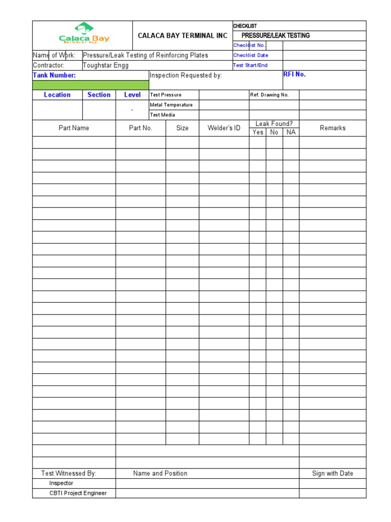 Tank Number: Rfi No. Location Section Level: Calaca Bay Terminal Inc | PDF