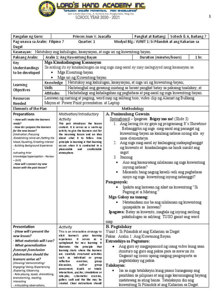 LP 2020 - Grade 7 - Unit 1.1 | PDF