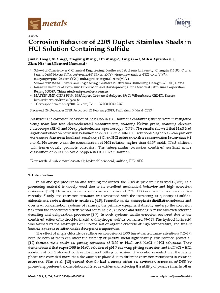 Corrosion Behavior of 2205 Duplex Stainless Steels in HCL Solution ...