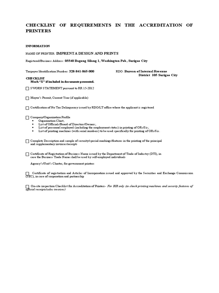 Checklist of Requirements in The Accreditation of Printers PDF
