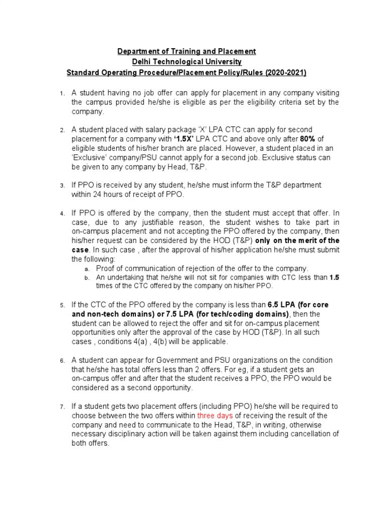 Department Of Training And Placement Delhi Technological University