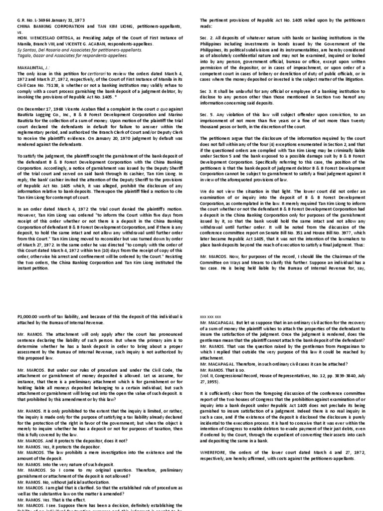 Court allows garnishment of bank deposit to satisfy judgment PDF