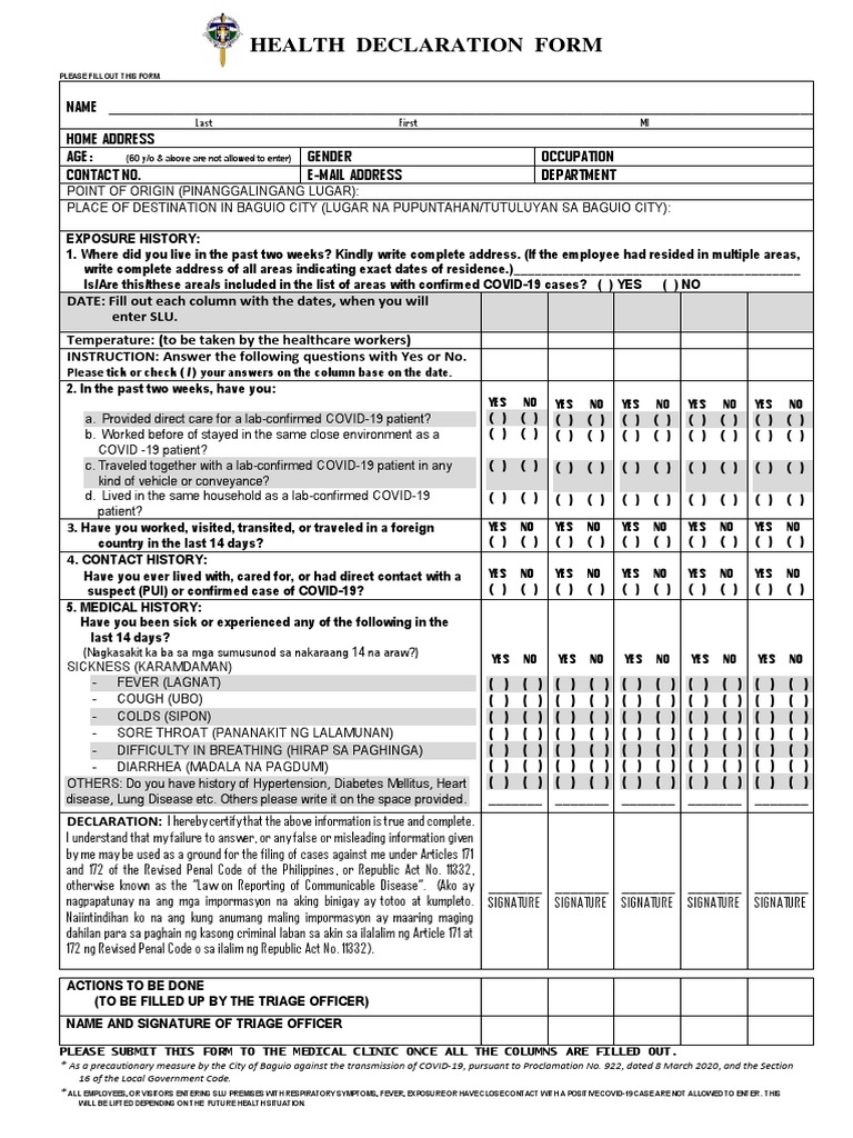 Baguio City Health Declaration Form | PDF | Epidemiology | Clinical ...
