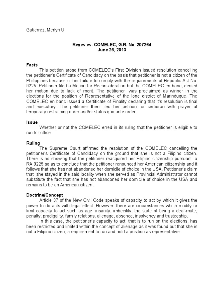 Reyes vs comelec g r no 207264 june 25 2013 facts pdf
