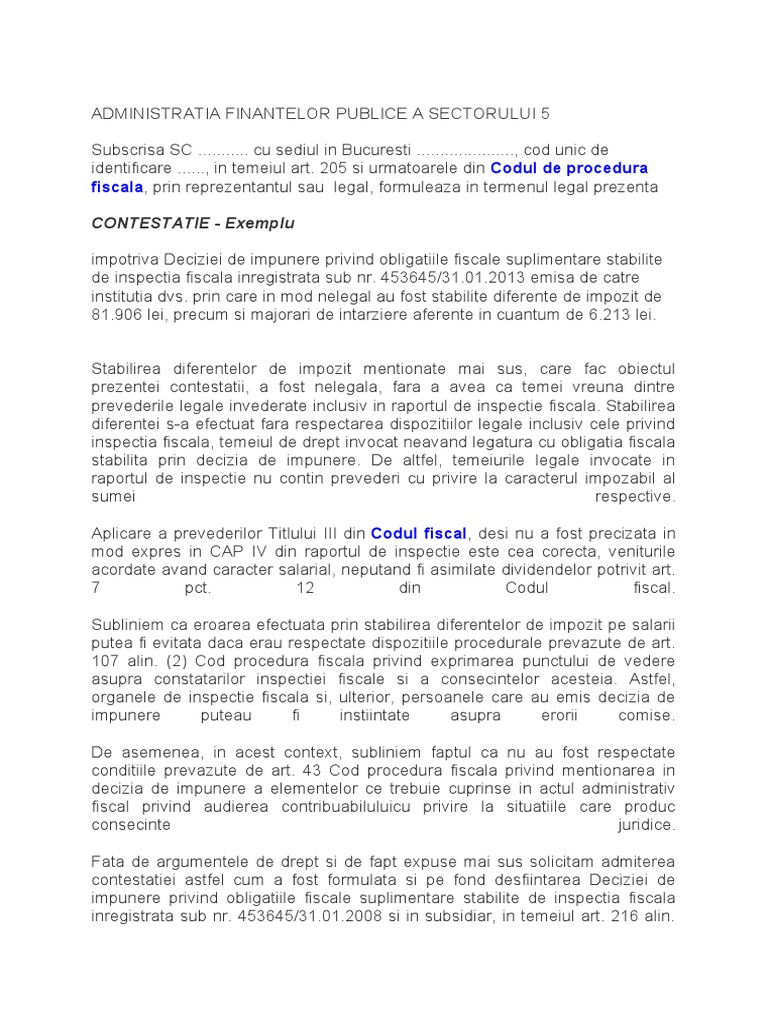Model Contestatie Decizie Anaf