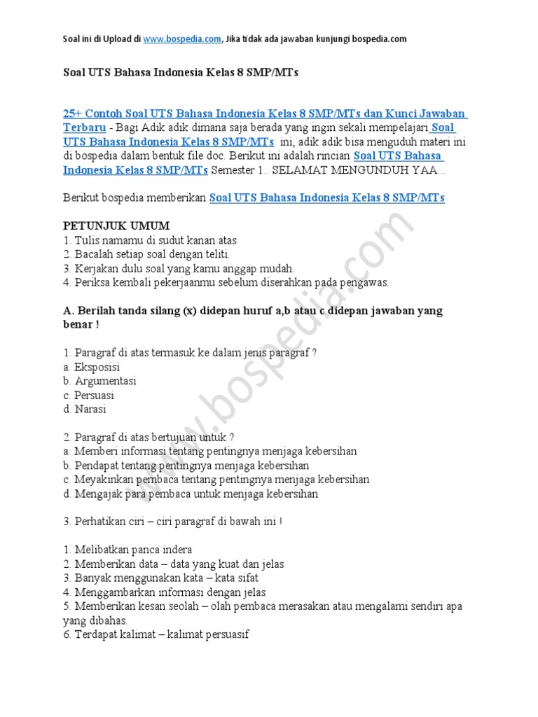25 Contoh Soal Uts Bahasa Indonesia Kelas 8 Smp Mts Dan Kunci Jawaban