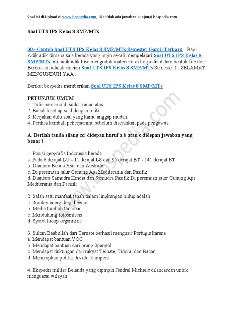 30 Contoh Soal Uts Ips Kelas 8 Smp Mts Semester Ganjil