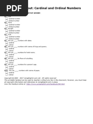 Cardinal and Ordinal Numbers - Printable Teacher Handout - UsingEnglish