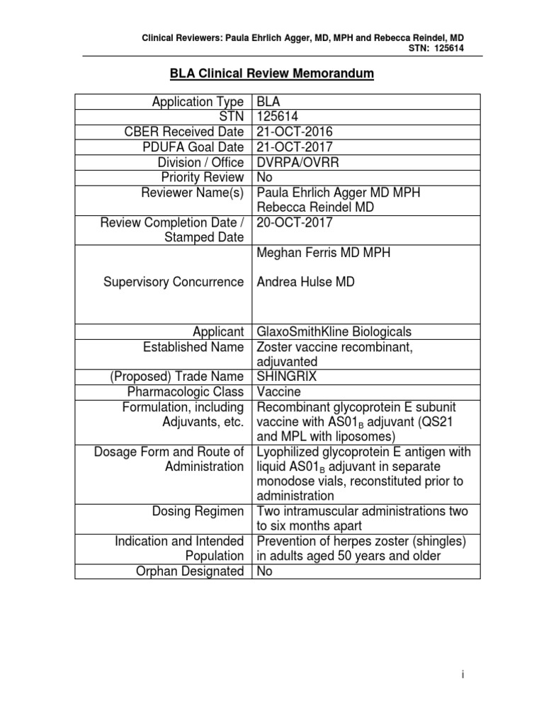 BLA Review of SHINGRIX Vaccine | PDF | Immunology | Diseases And Disorders