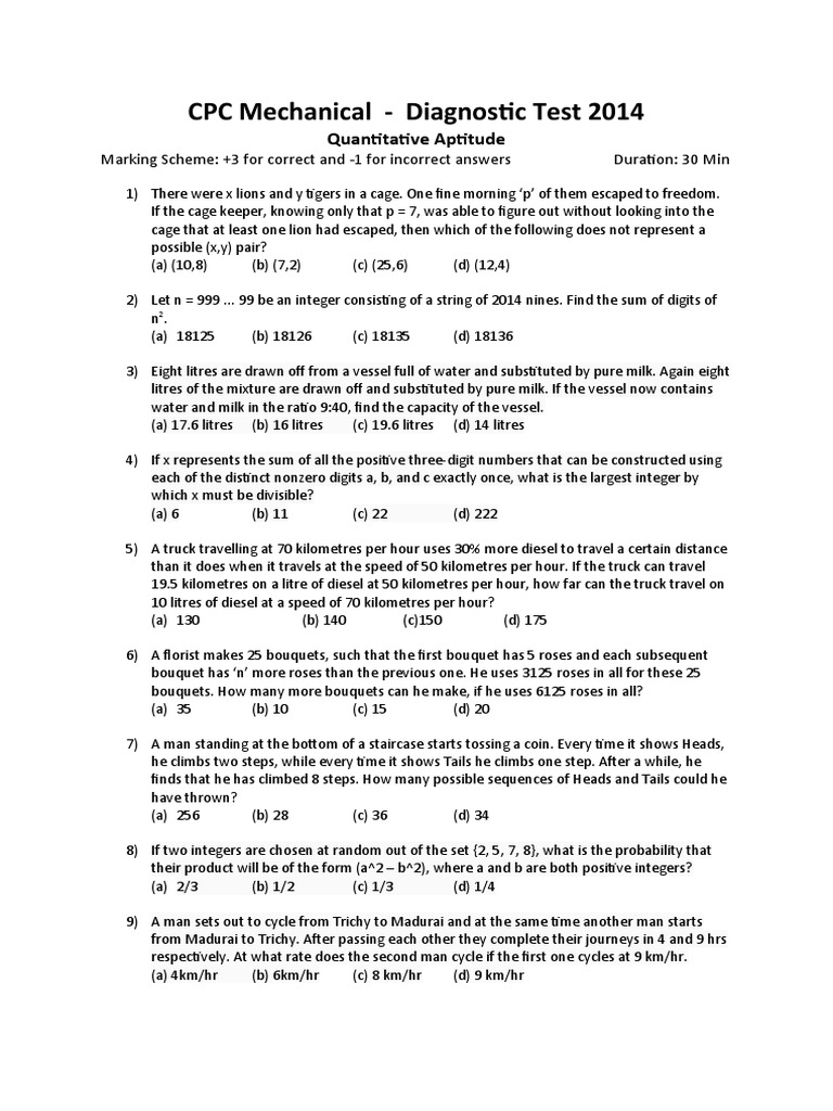 CPC Mechanical Diagnostic Test 2014 Quantitative Aptitude PDF
