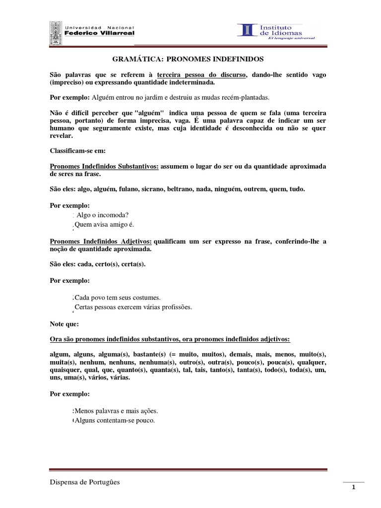 Pronomes Indefinidos: Tipos e Exemplos | PDF | Pronome | Idiomas