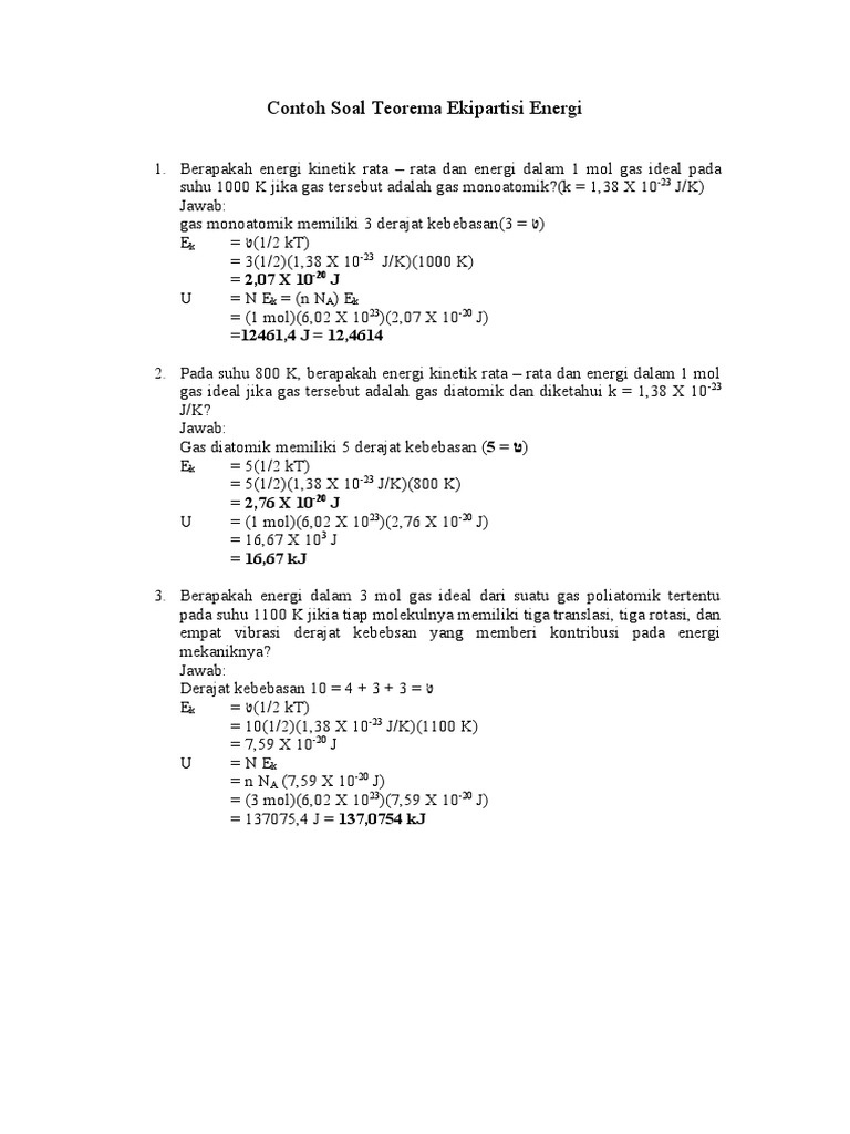 Contoh Soal Teorema Ekipartisi Energi