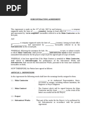SUBCONTRACTING AGREEMENT (Nominated Subcontractor)