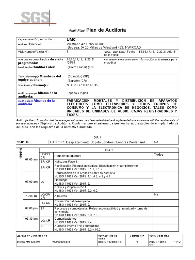 PLAN DE AUDITORIA ISO 14001 2015 Ejemplo | Descargar gratis PDF ...