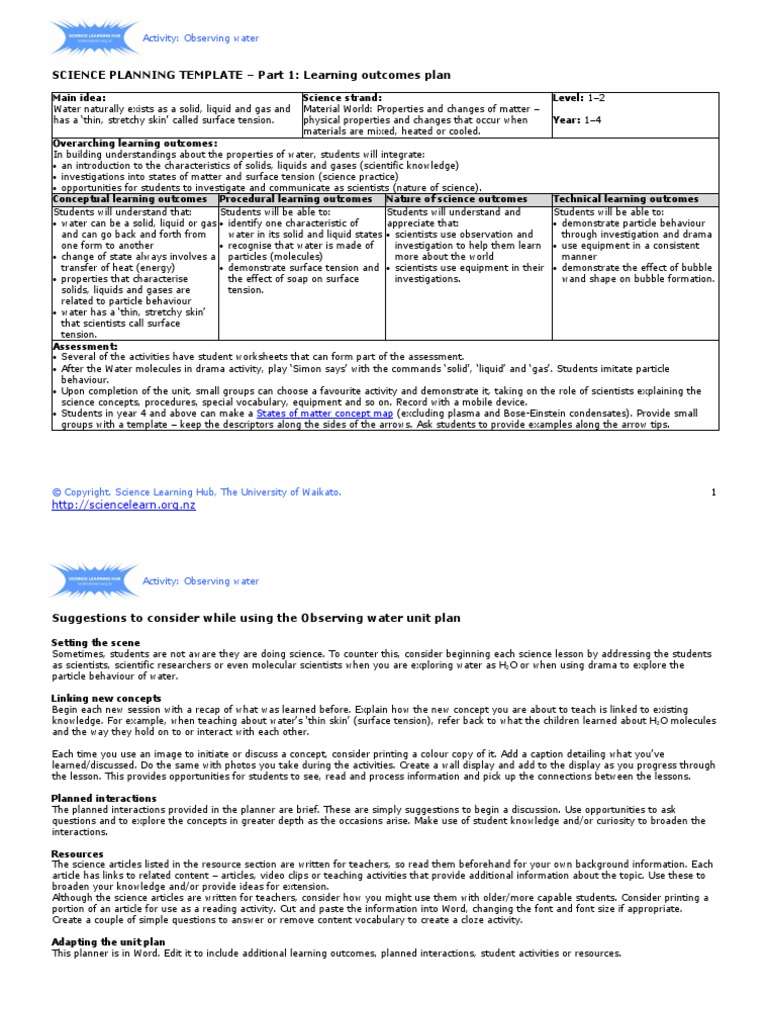 SCIENCE PLANNING TEMPLATE - Part 1: Learning Outcomes Plan | PDF ...