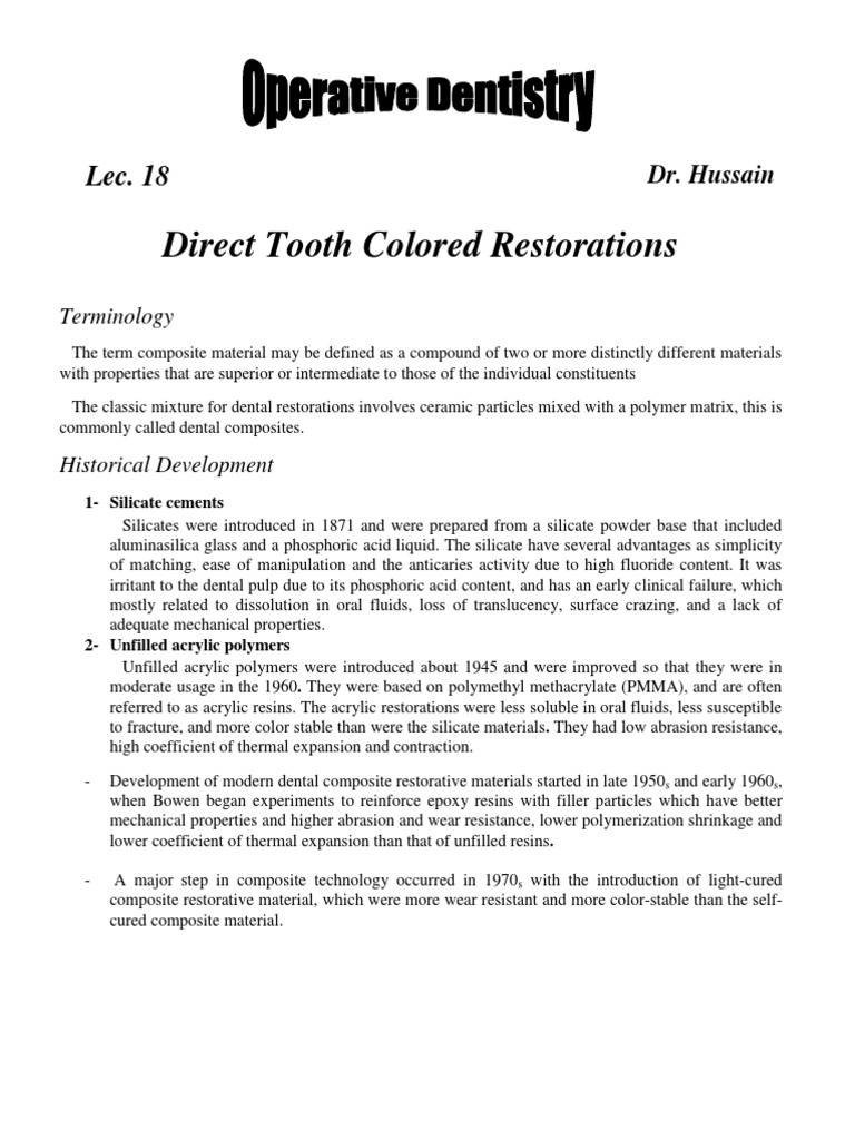 Direct Tooth Colored Restorations Dr. Hussain PDF Dental Composite