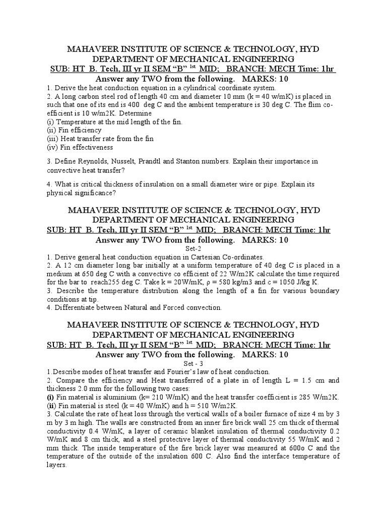 Heat Transfer Question Paper Descargar gratis PDF Thermal