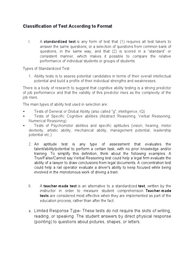 Classification of Test According To Format: Tests Are Considered Most ...
