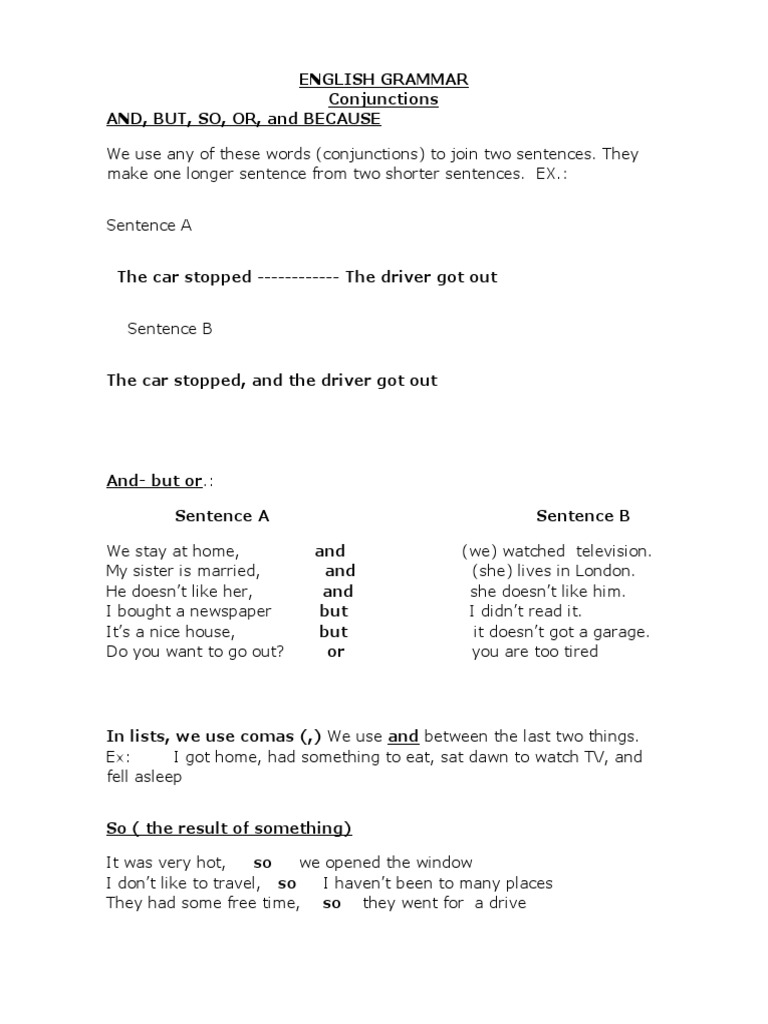 English Grammar Conjunctions And, But, So, Or, and Because | PDF ...