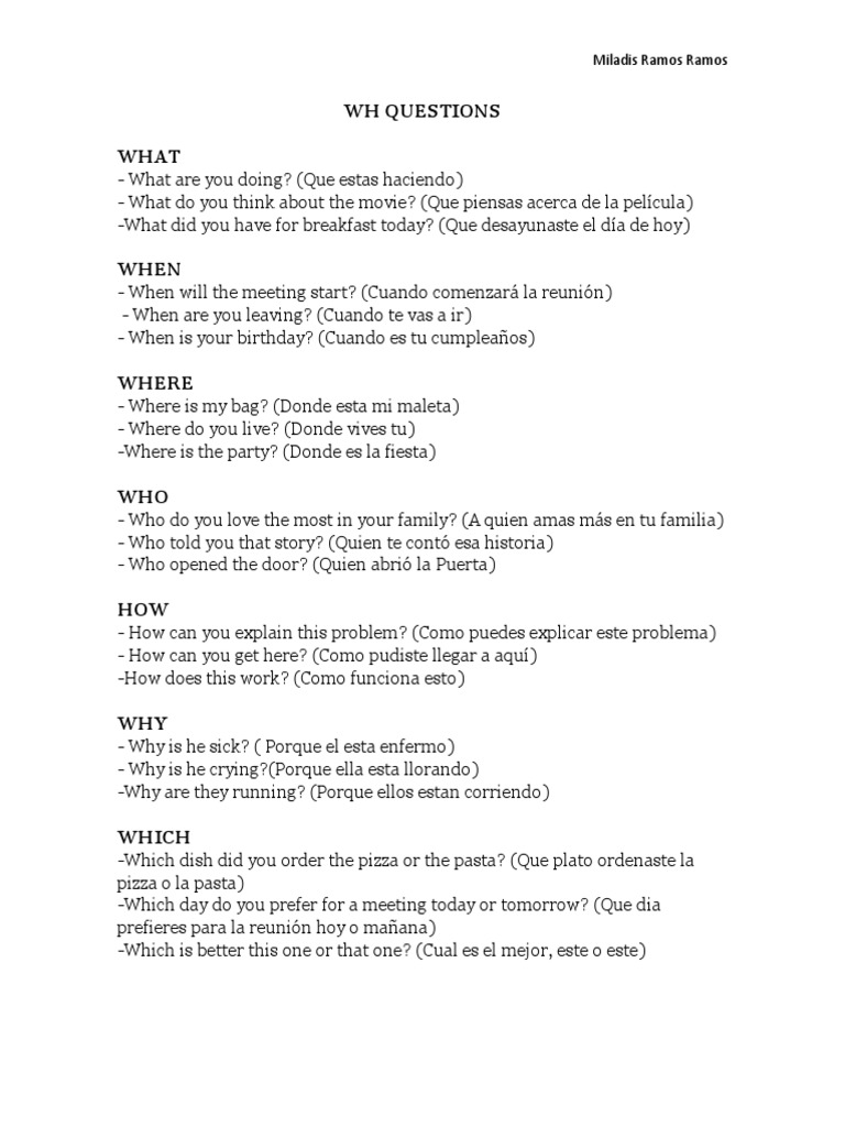 Ejemplos de WH Questions en Inglés y Español | PDF | Artes del Lenguaje ...