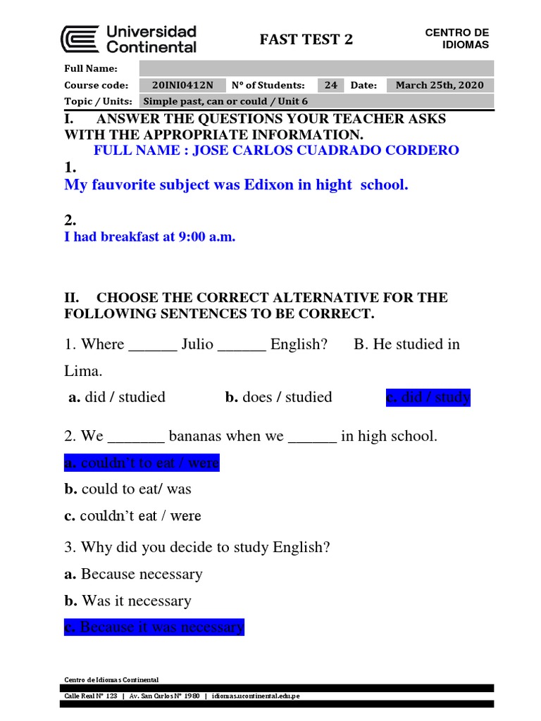 Fast Test 2: Simple Past & Modals | PDF | Social Science