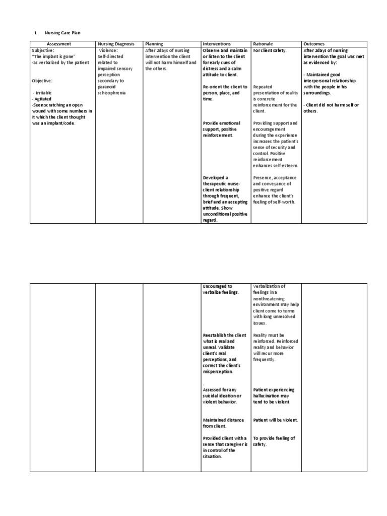 Nursing Care Plan for Paranoid Schizophrenia | PDF | Schizophrenia ...