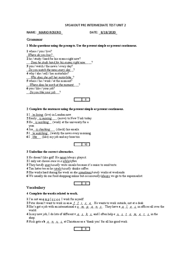 Speakout Pre-Intermediate Unit 2 Test | PDF