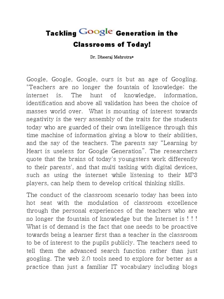 Tackling Google Generation in The Classrooms of Today | PDF | Teachers ...