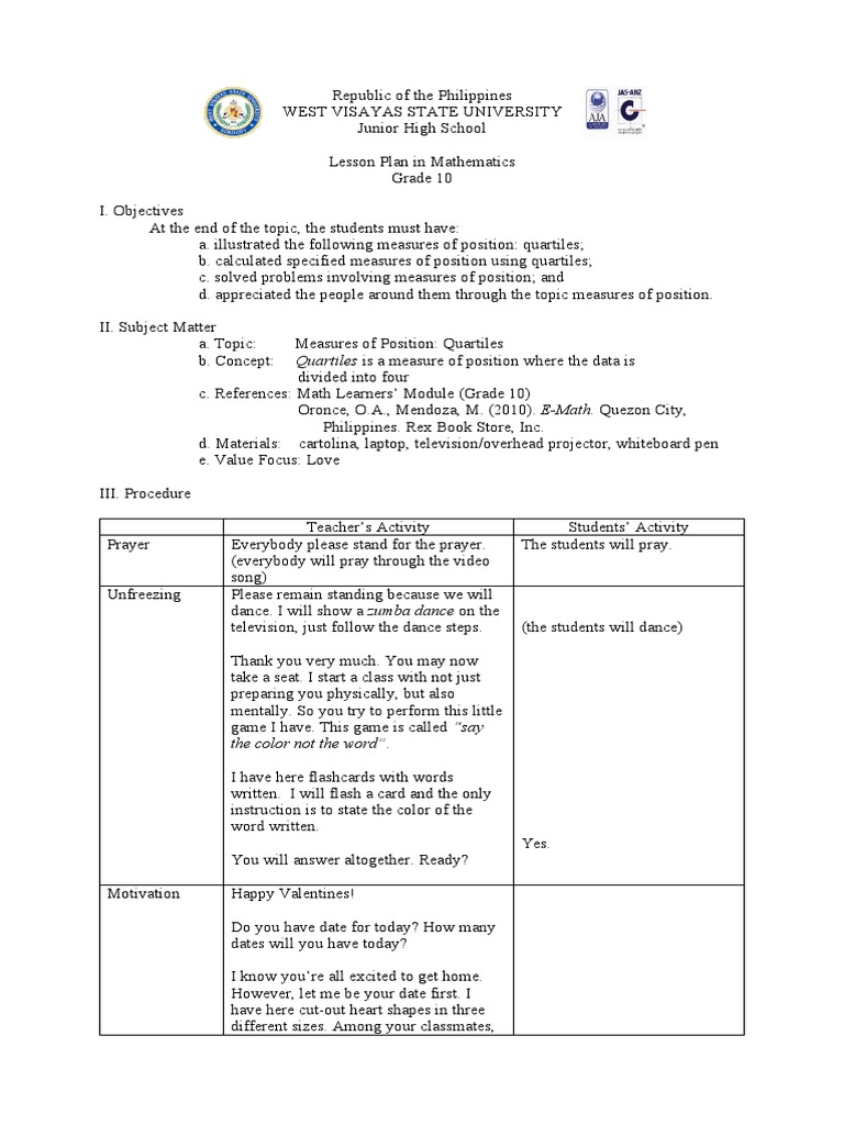 Grade 10 Math Lesson Plan: Quartiles | PDF | Quartile | Behavior ...