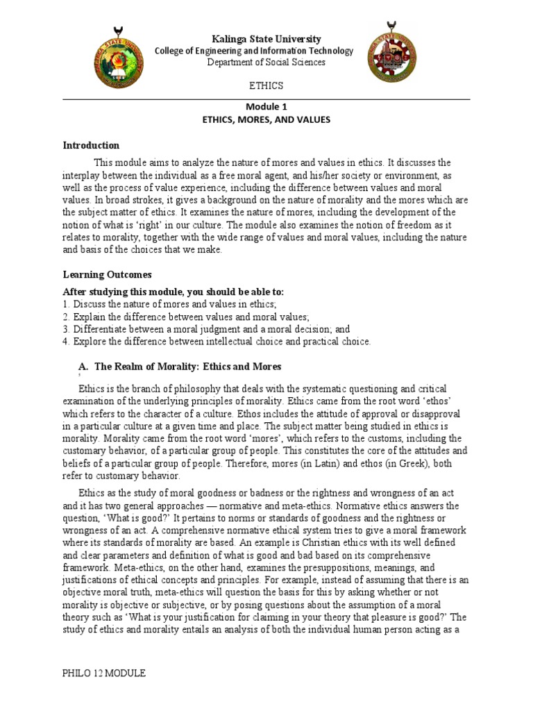 Ethics Module 1: Mores and Values | PDF | Free Will | Value (Ethics)