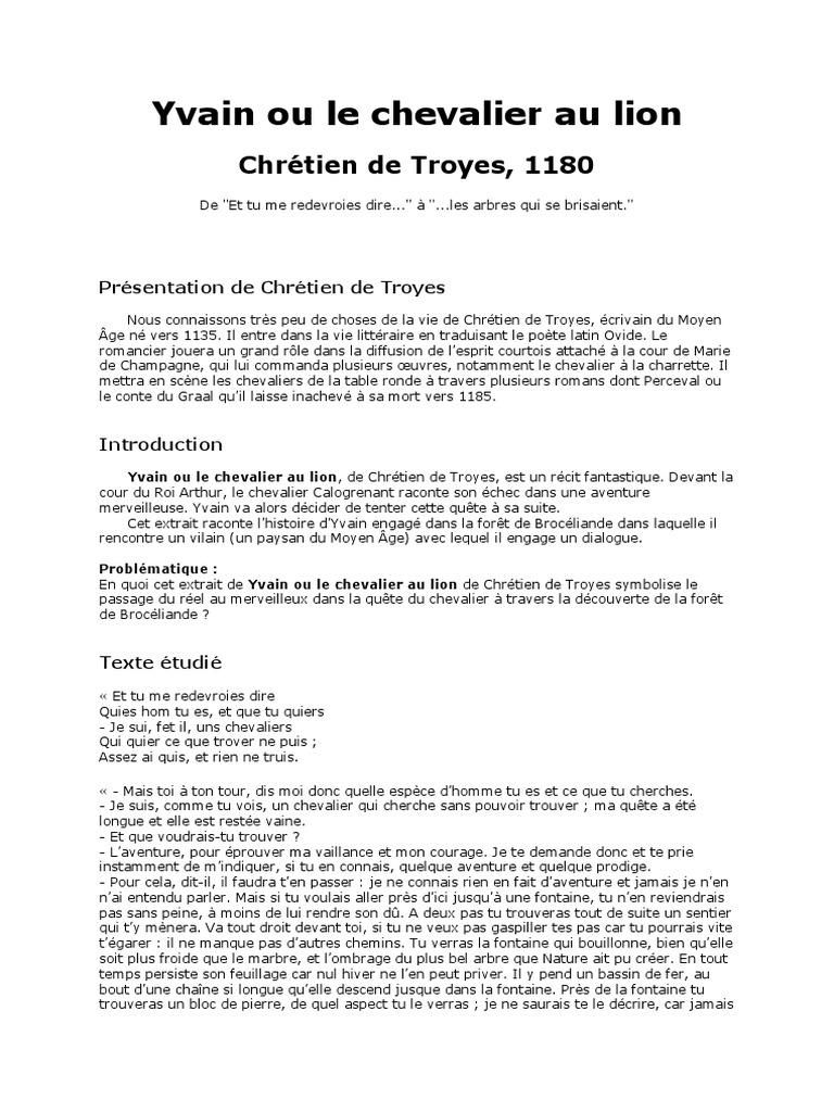 Yvain Ou Le Chevalier Au Lion Texte Intégral Pdf Gratuit