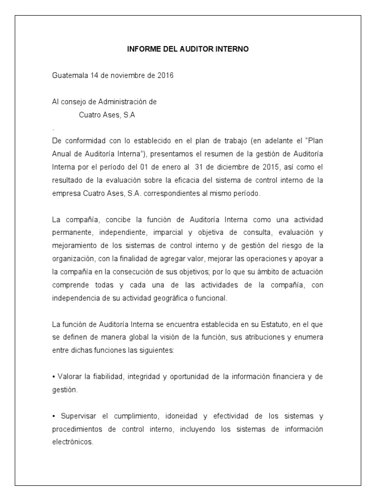 MODELO de INFORME DEL AUDITOR INTERNO | PDF | Auditoría | Bancos
