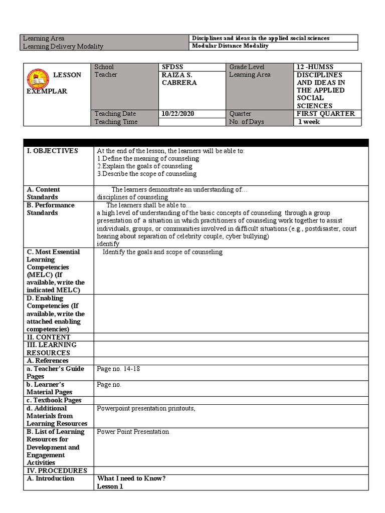 LessonExemplarinLESSON 2 COUNSELING Psychotherapy School Counselor