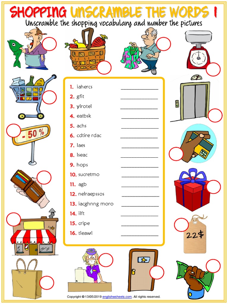 shopping vocabulary esl unscramble the words worksheets for kids pdf services economics payments