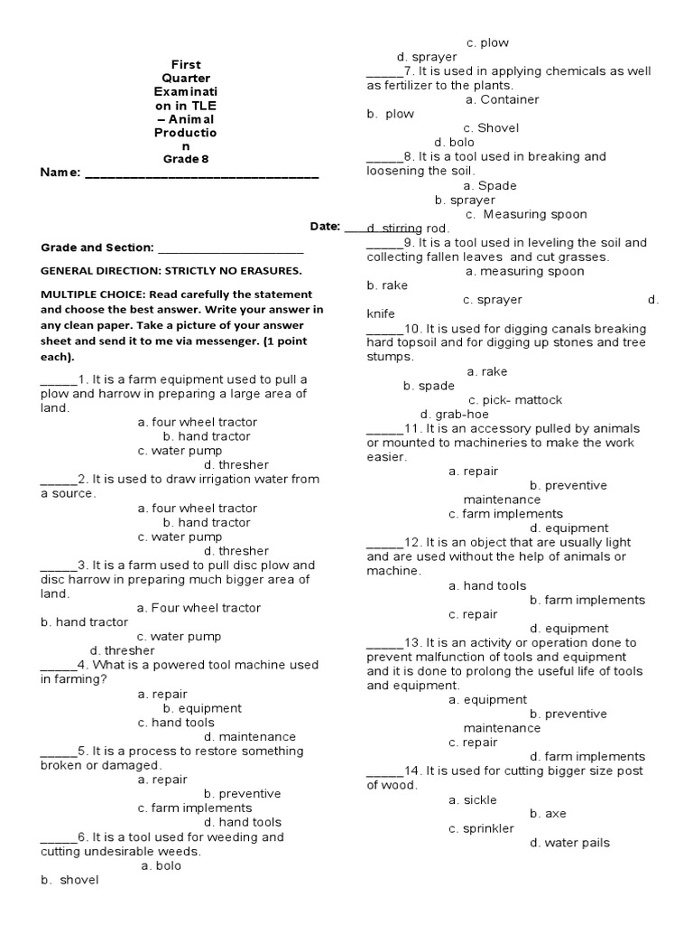 TLE Grade 8 Examination PDF Agricultural Machinery Plough