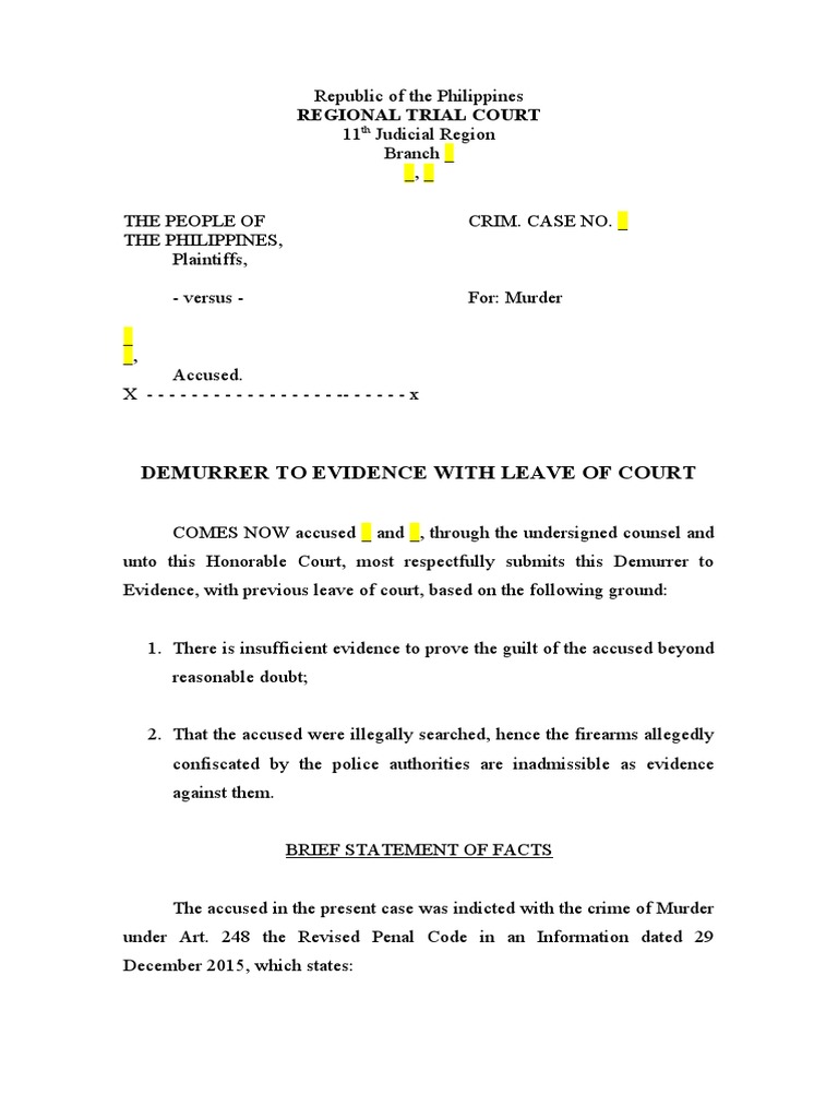 Demurrer to Evidence in Murder Case | PDF | Search And Seizure | Burden ...