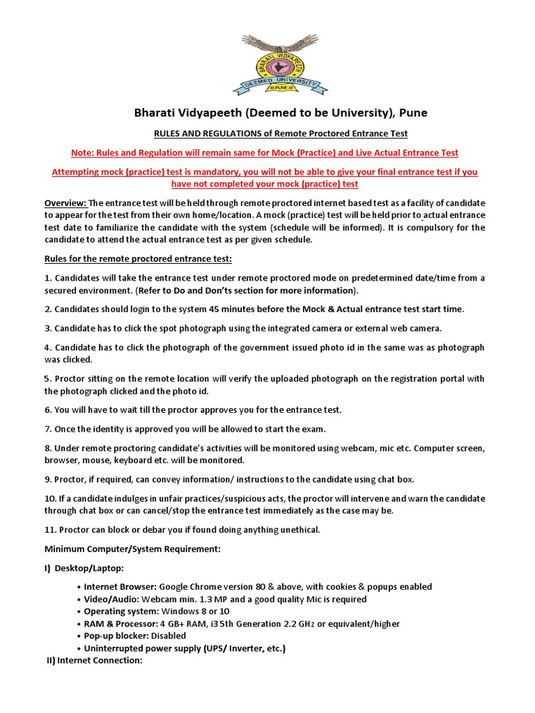 Bharati Vidyapeeth Entrance Test Rules | PDF | Laptop | Test (Assessment)