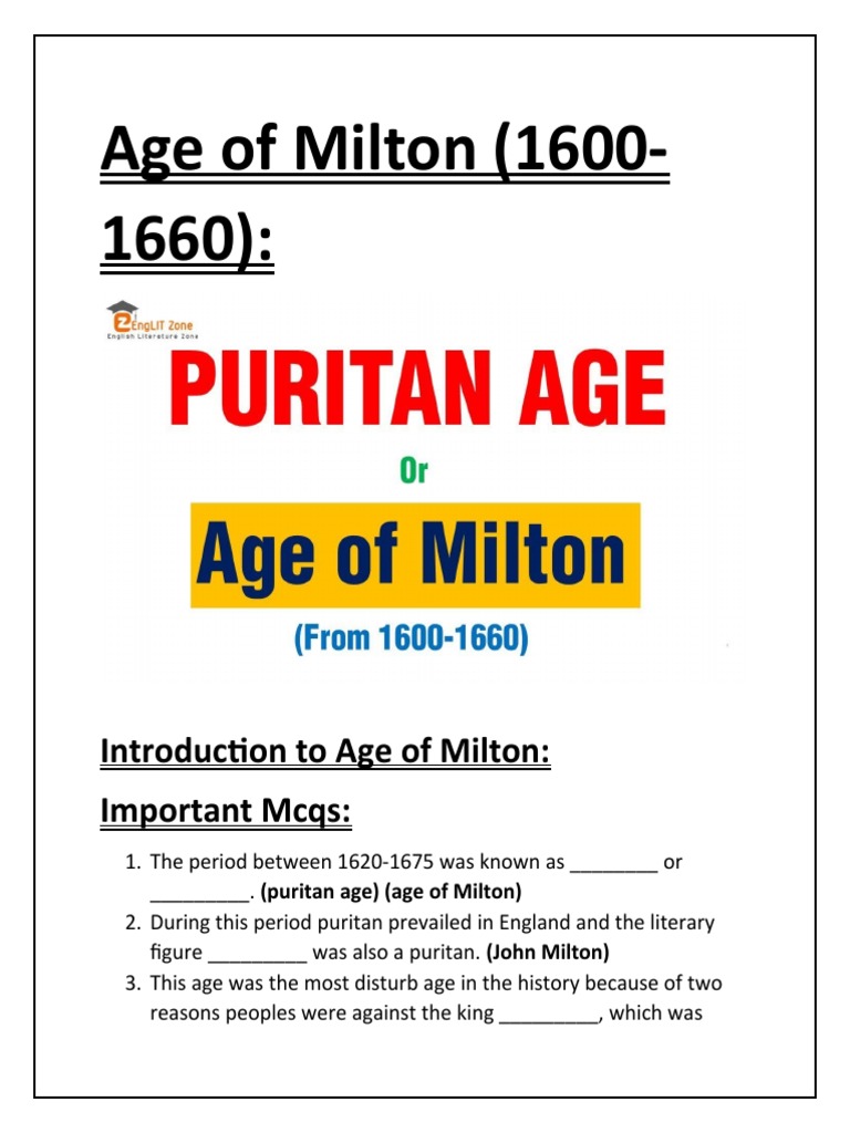 Introduction To Age of Milton Important Mcqs PDF John Milton Poetry