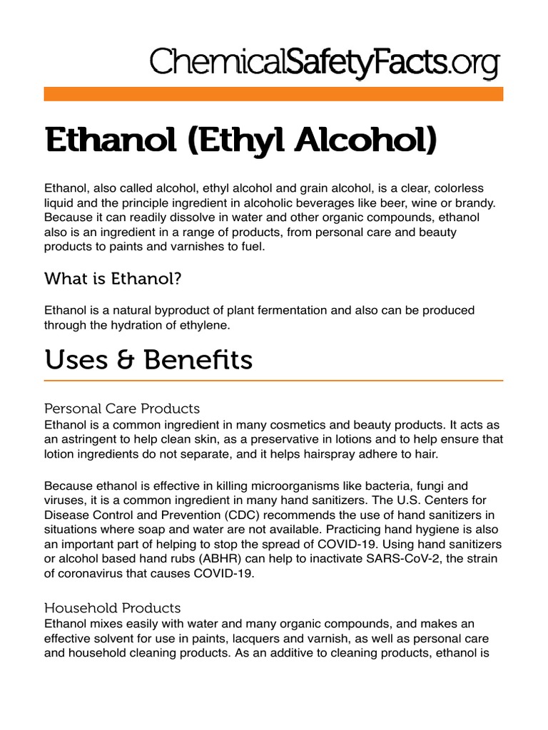 Ethanol Uses, Benefits, and Chemical Safety Facts PDF Ethanol