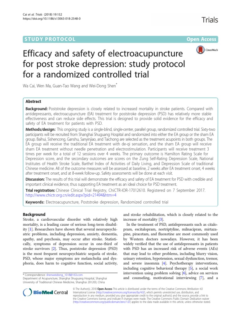 Efficacy and Safety of Electroacupuncture For Post Stroke Depression