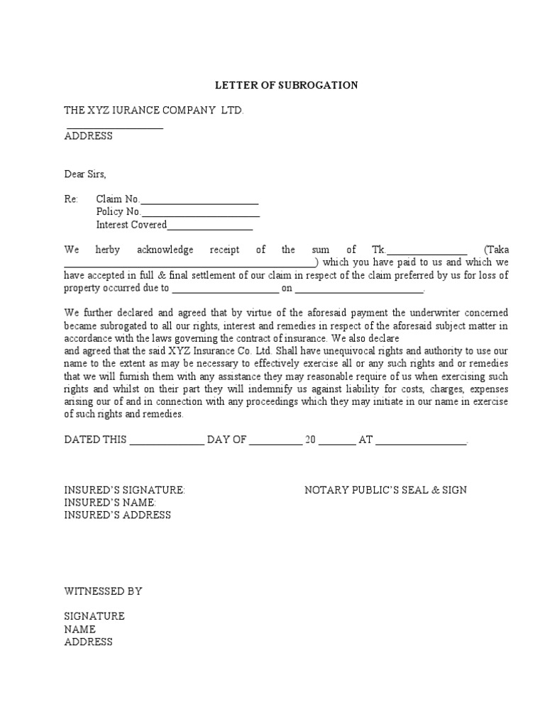 Letter of Subrogation PDF Subrogation Insurance