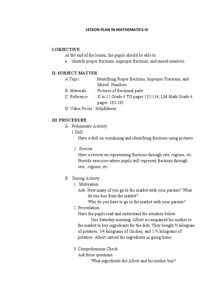 Lesson Plan in Mathematics Iv | PDF | Fraction (Mathematics) | Behavior ...
