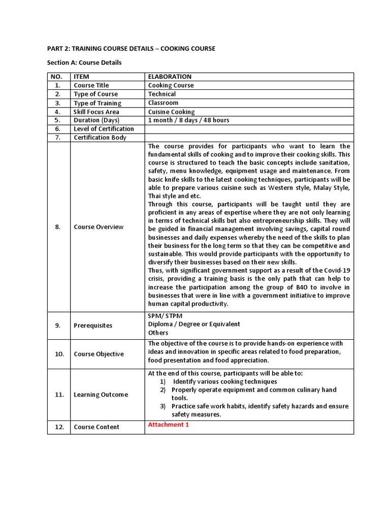 Part 2 - Training Course Details (Cooking Course) | PDF | Culinary Arts ...