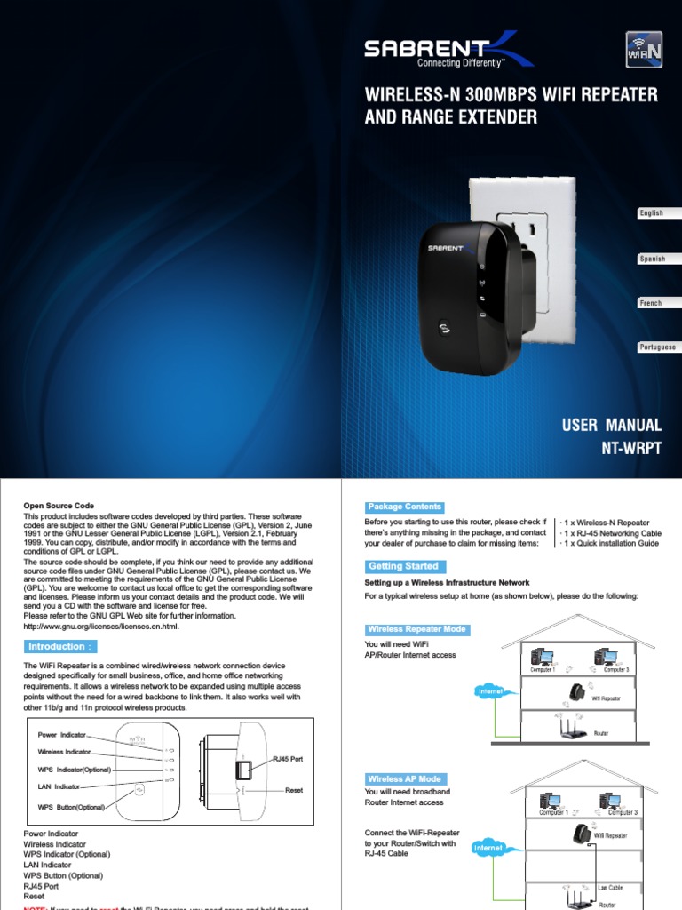 MANUAL NTWRPT Sabrent WirelessN WiFi Repeater PDF Wi Fi