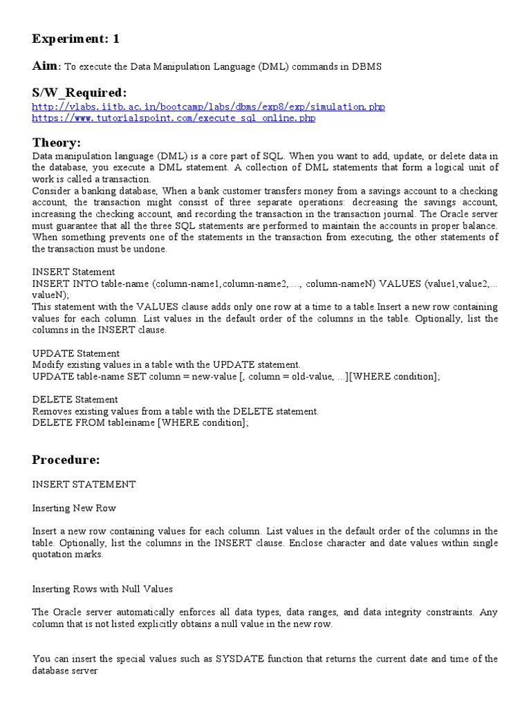 Executing DML Commands in DBMS | PDF | Database Transaction | Table ...